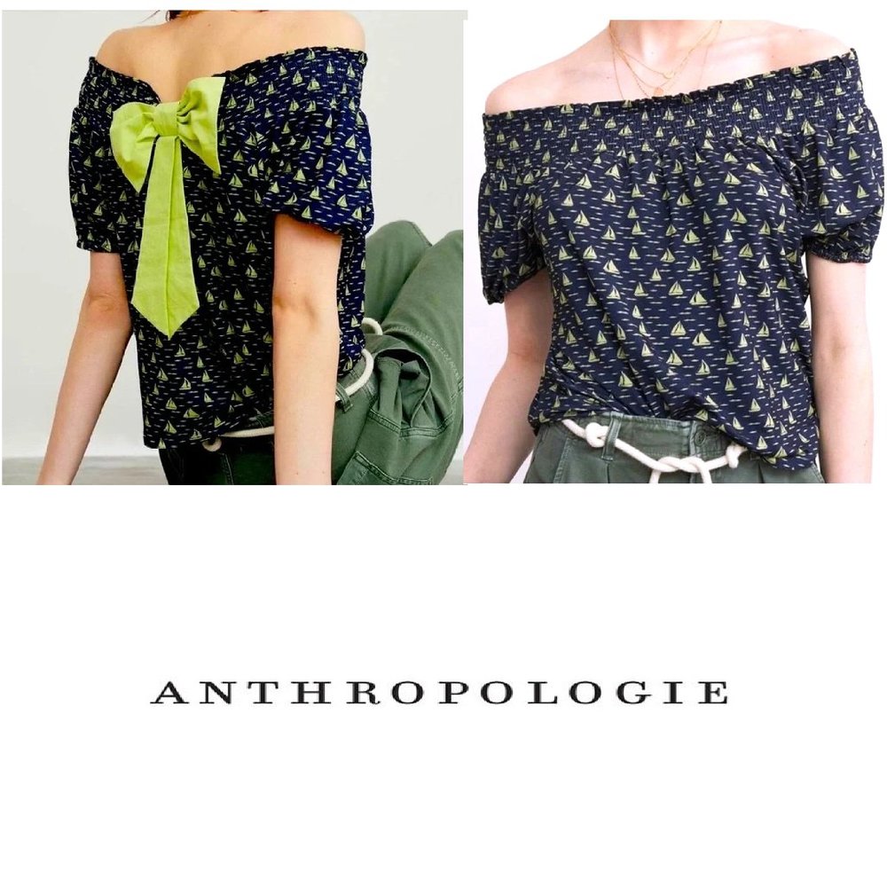 Anthropologie PORRIDGE Blue & Green Sailboat Off Shoulder Top Blouse w/Bow